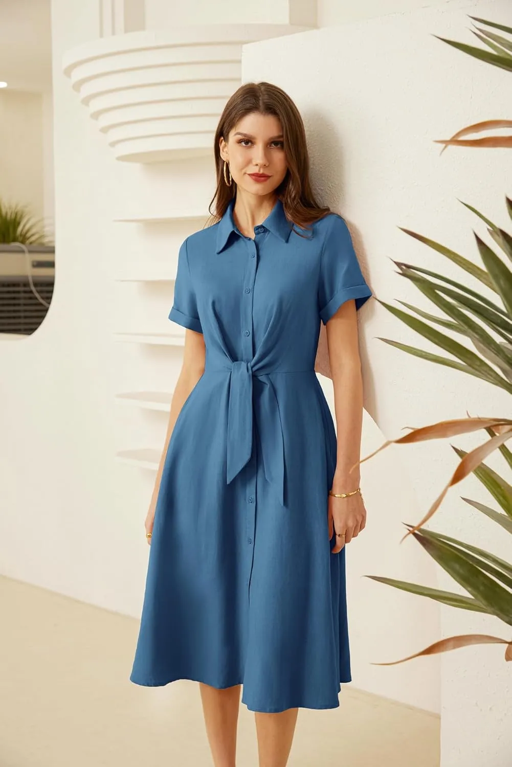 GRACE KARIN Womens Linen Dresses Summer Casual Flowy Collar Button Down Dress Front Tie Short Sleeve Pockets Midi Work Dress