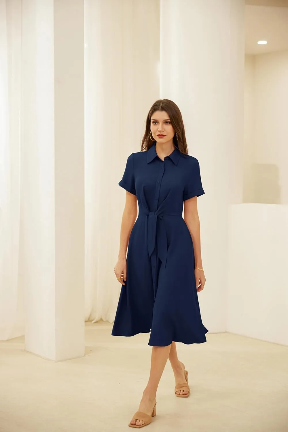 GRACE KARIN Womens Linen Dresses Summer Casual Flowy Collar Button Down Dress Front Tie Short Sleeve Pockets Midi Work Dress