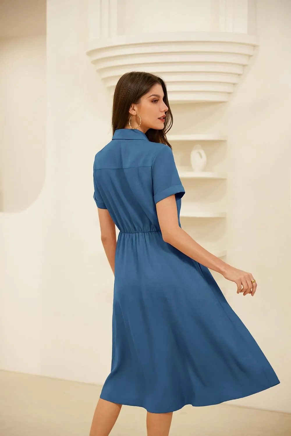 GRACE KARIN Womens Linen Dresses Summer Casual Flowy Collar Button Down Dress Front Tie Short Sleeve Pockets Midi Work Dress