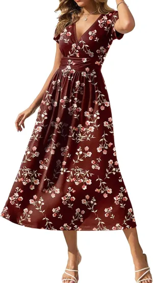 Gracyoga Women's Summer Dresses 2025 Short Sleeve Maxi Dress Casual V Neck Flowy Sundress with Pockets