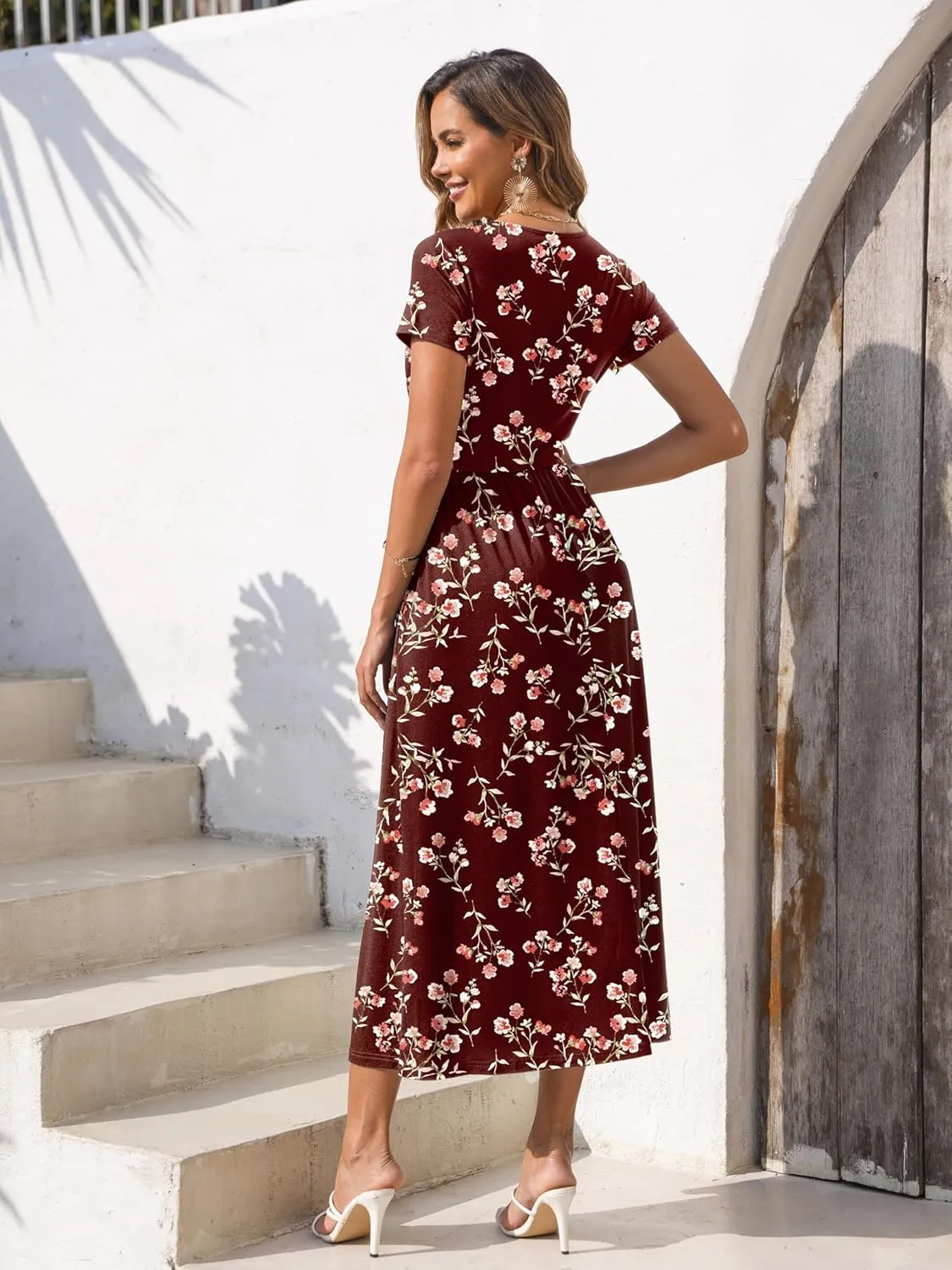 Gracyoga Women's Summer Dresses 2025 Short Sleeve Maxi Dress Casual V Neck Flowy Sundress with Pockets