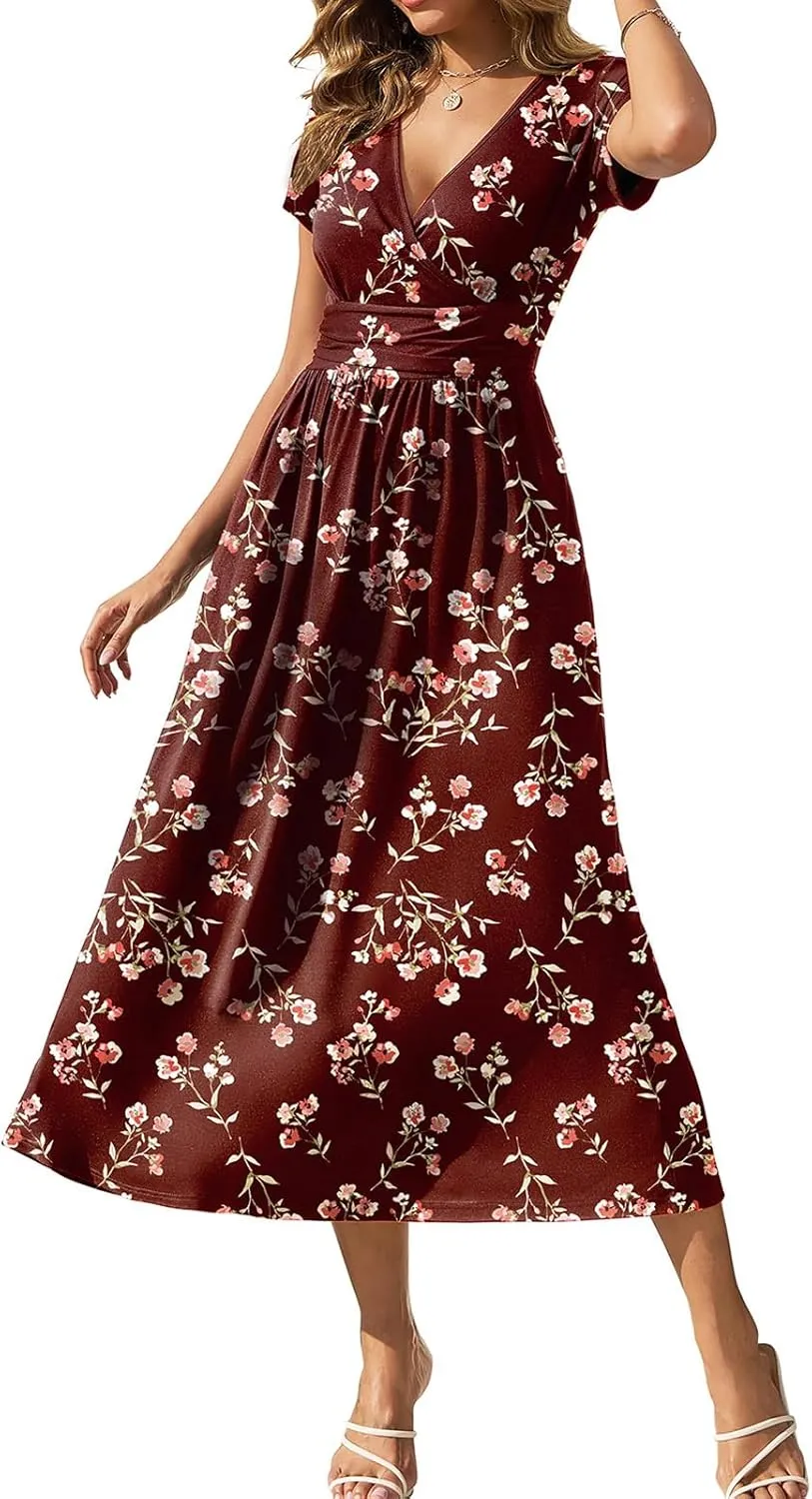 Gracyoga Women's Summer Dresses 2025 Short Sleeve Maxi Dress Casual V Neck Flowy Sundress with Pockets