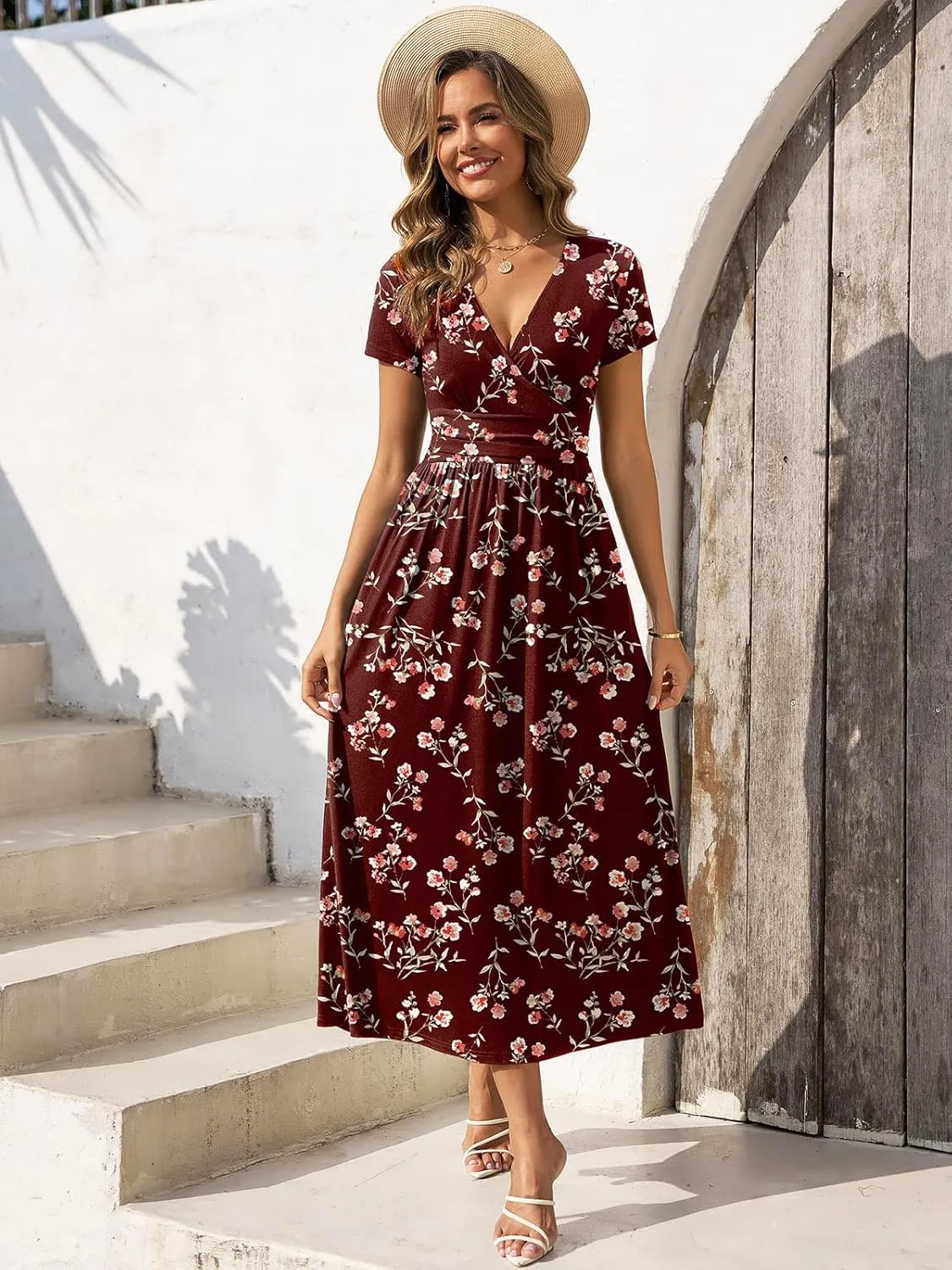 Gracyoga Women's Summer Dresses 2025 Short Sleeve Maxi Dress Casual V Neck Flowy Sundress with Pockets