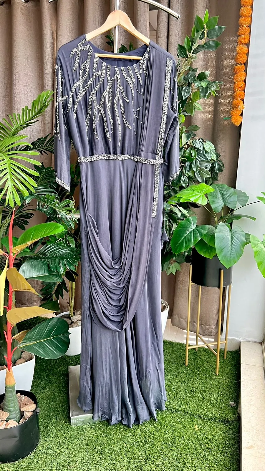Grey marble embroidery hand worked gown