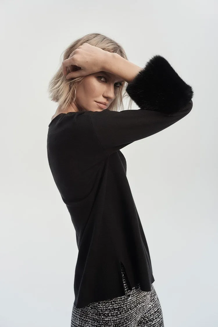 Joseph Ribkoff Black Sweater Knit Tunic With Faux Fur Cuffs