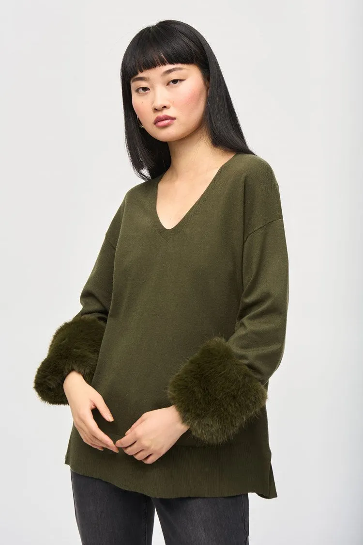 Joseph Ribkoff Iguana Sweater Knit Tunic With Faux Fur Cuffs