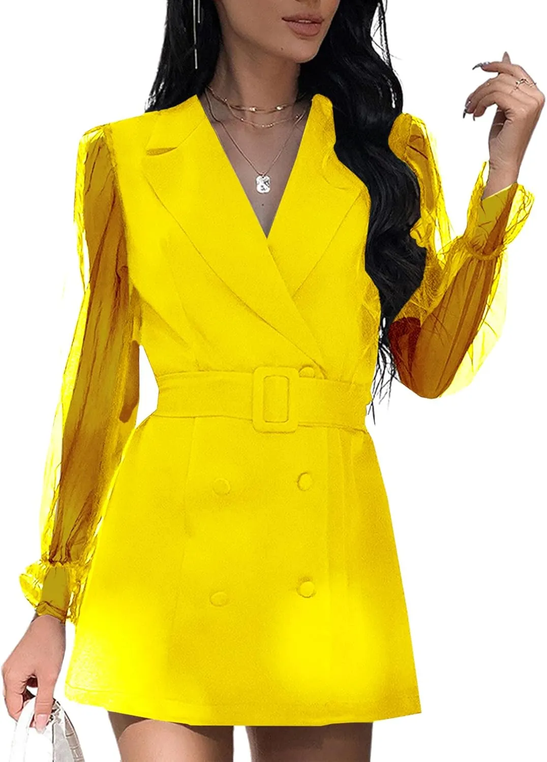 LYANER Women's Elegant Collar V Neck Lace Long Sleeve Blazer Mini Dress with Belt