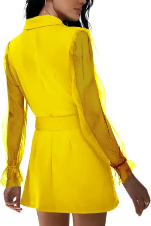 LYANER Women's Elegant Collar V Neck Lace Long Sleeve Blazer Mini Dress with Belt