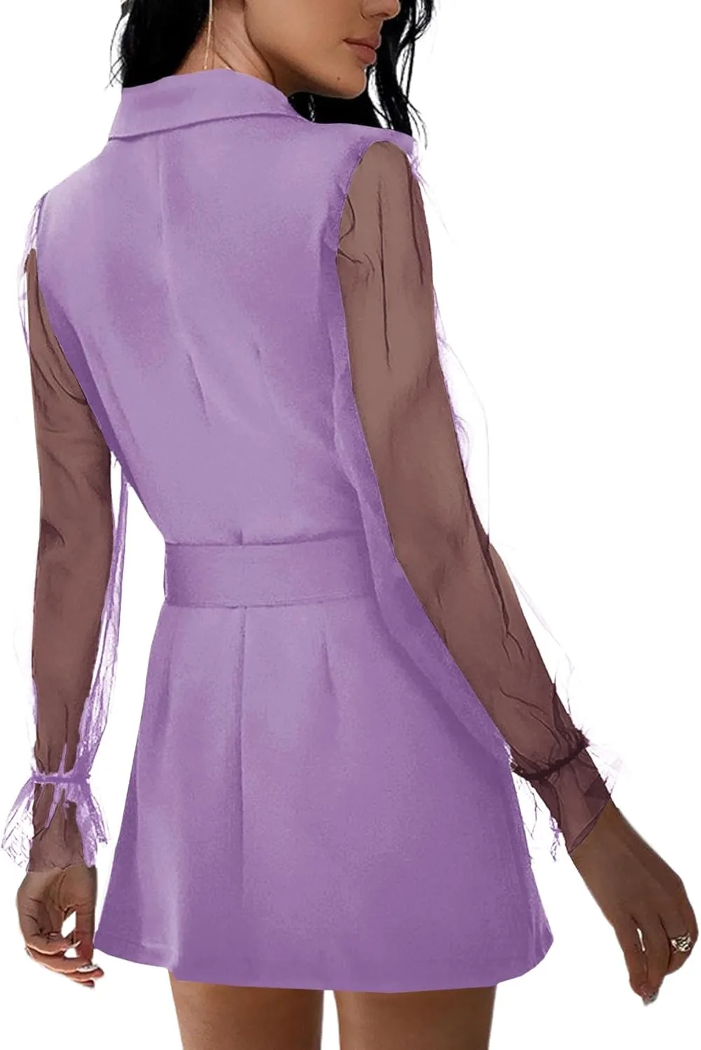 LYANER Women's Elegant Collar V Neck Lace Long Sleeve Blazer Mini Dress with Belt
