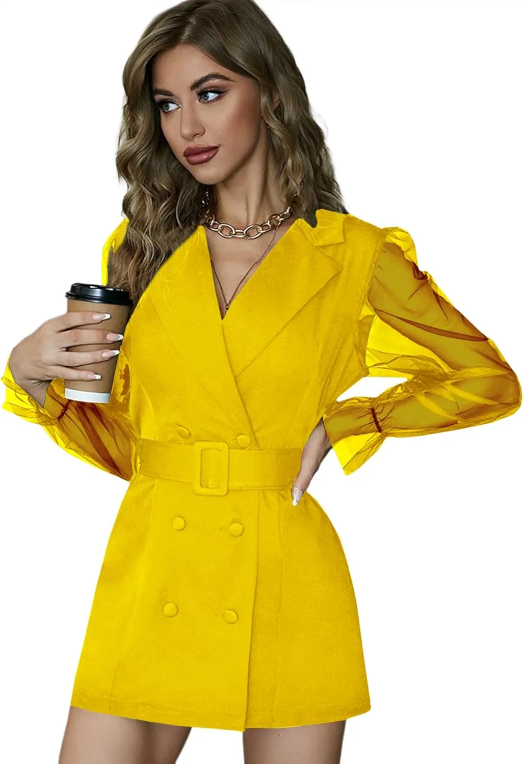 LYANER Women's Elegant Collar V Neck Lace Long Sleeve Blazer Mini Dress with Belt