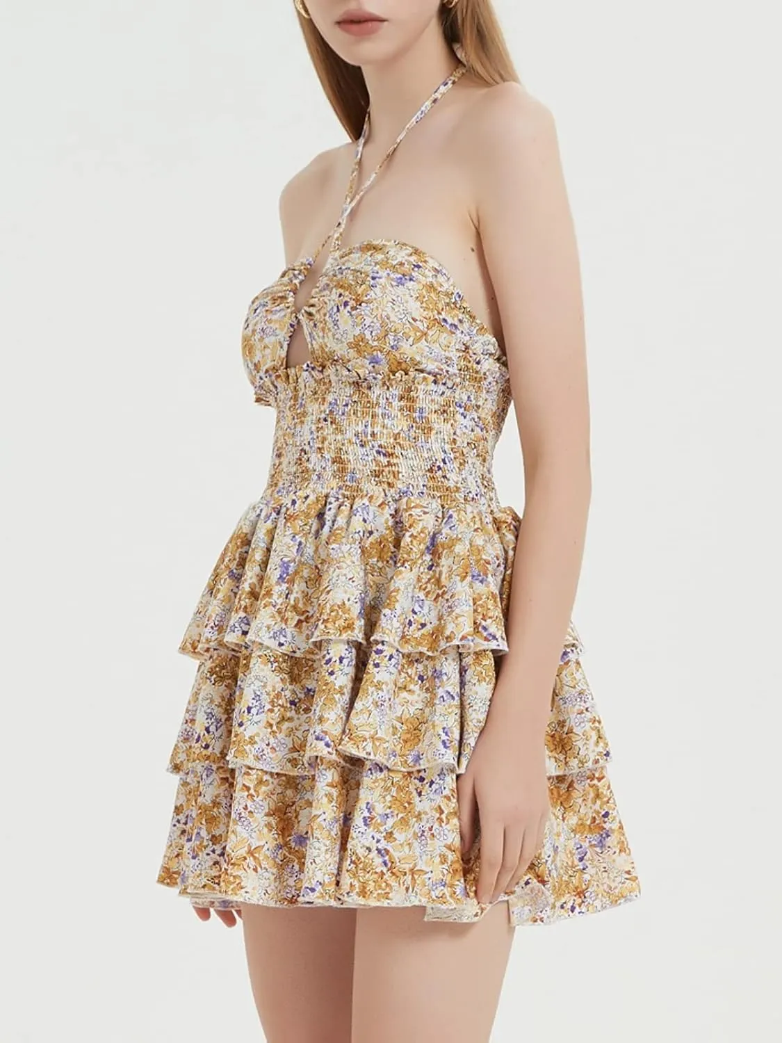 Mebius Womens Floral Mini Dress Summer Criss Cross Halter Backless Preppy Smocked Waist Short Ruffle Dress Picnic Beach