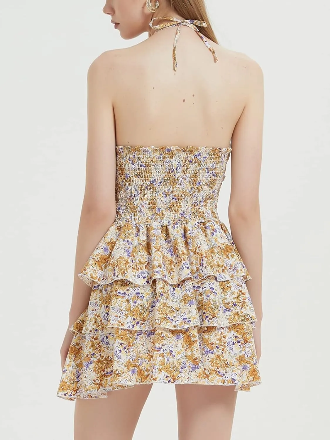 Mebius Womens Floral Mini Dress Summer Criss Cross Halter Backless Preppy Smocked Waist Short Ruffle Dress Picnic Beach