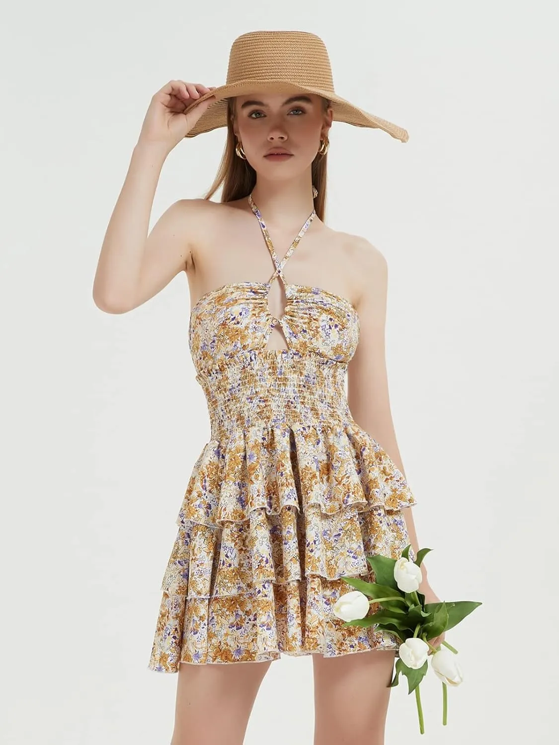 Mebius Womens Floral Mini Dress Summer Criss Cross Halter Backless Preppy Smocked Waist Short Ruffle Dress Picnic Beach