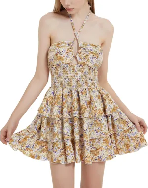 Mebius Womens Floral Mini Dress Summer Criss Cross Halter Backless Preppy Smocked Waist Short Ruffle Dress Picnic Beach