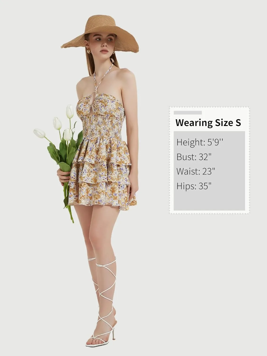 Mebius Womens Floral Mini Dress Summer Criss Cross Halter Backless Preppy Smocked Waist Short Ruffle Dress Picnic Beach