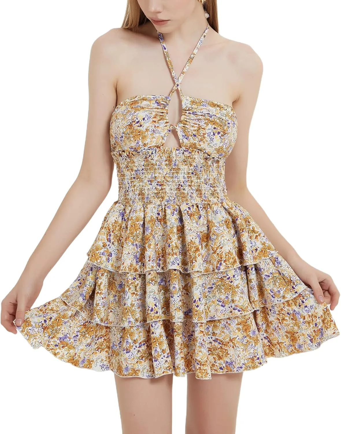 Mebius Womens Floral Mini Dress Summer Criss Cross Halter Backless Preppy Smocked Waist Short Ruffle Dress Picnic Beach