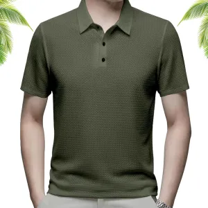 Mesh Ice Silk Short-Sleeved T-Shirt, Men Summer Comfortable Breathable Ice Silk Short Sleeve Lapel Golf Polo Shirts (Dark Green,L)