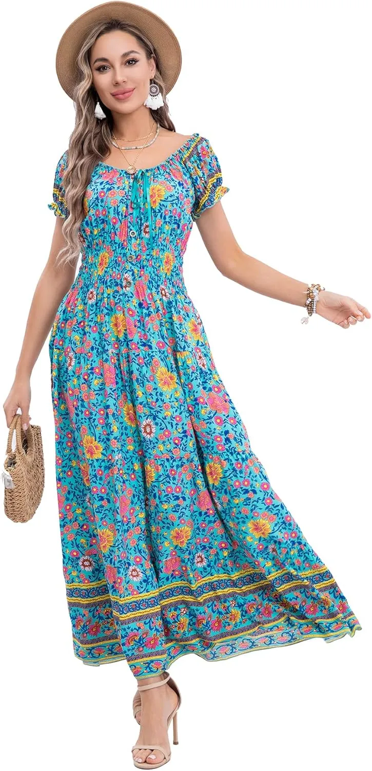 OSTOO Women's 2025 Summer Short Sleeves Boho Floral Print Tiered Casual Flowy Long Maxi Dress