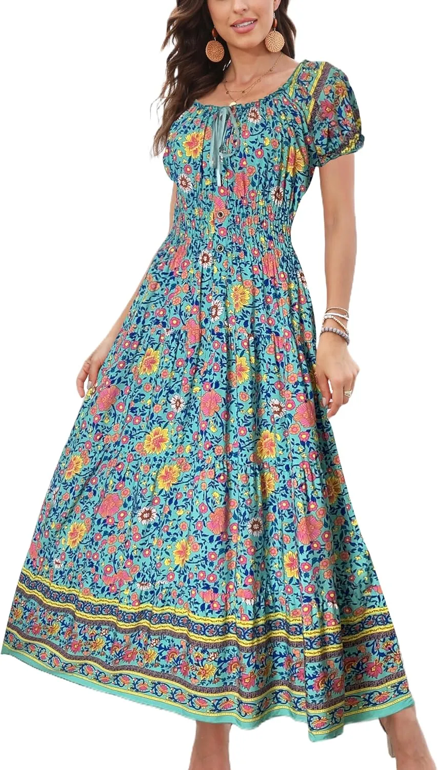 OSTOO Women's 2025 Summer Short Sleeves Boho Floral Print Tiered Casual Flowy Long Maxi Dress