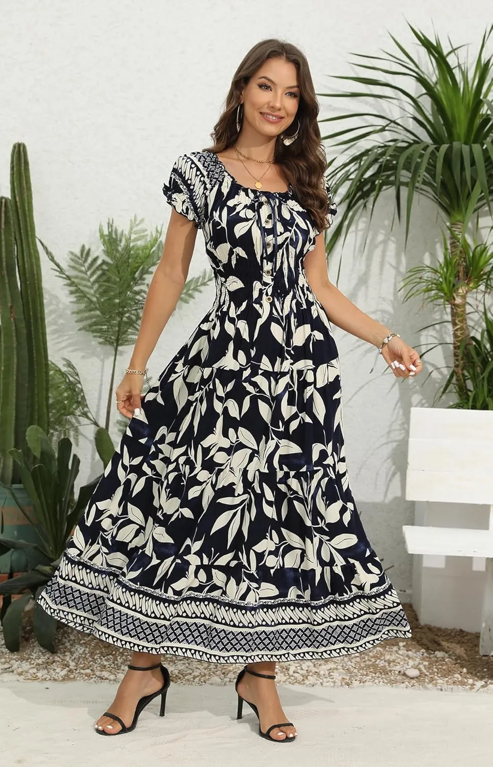 OSTOO Women's 2025 Summer Short Sleeves Boho Floral Print Tiered Casual Flowy Long Maxi Dress