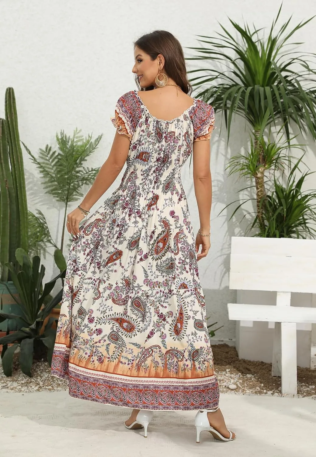 OSTOO Women's 2025 Summer Short Sleeves Boho Floral Print Tiered Casual Flowy Long Maxi Dress