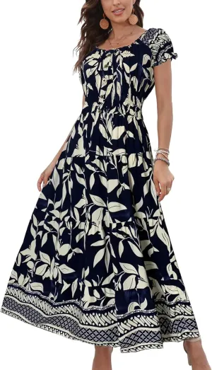 OSTOO Women's 2025 Summer Short Sleeves Boho Floral Print Tiered Casual Flowy Long Maxi Dress