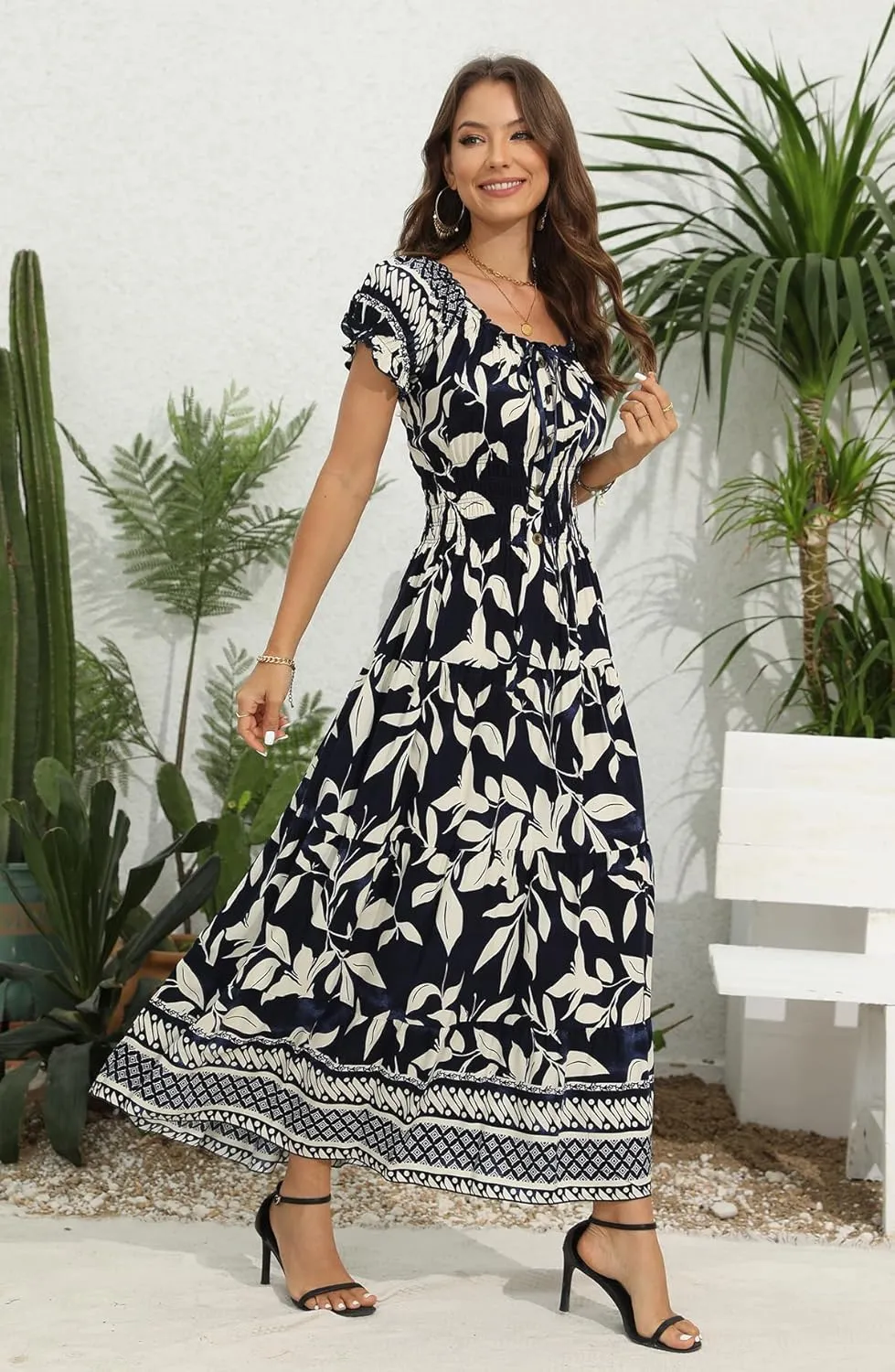 OSTOO Women's 2025 Summer Short Sleeves Boho Floral Print Tiered Casual Flowy Long Maxi Dress