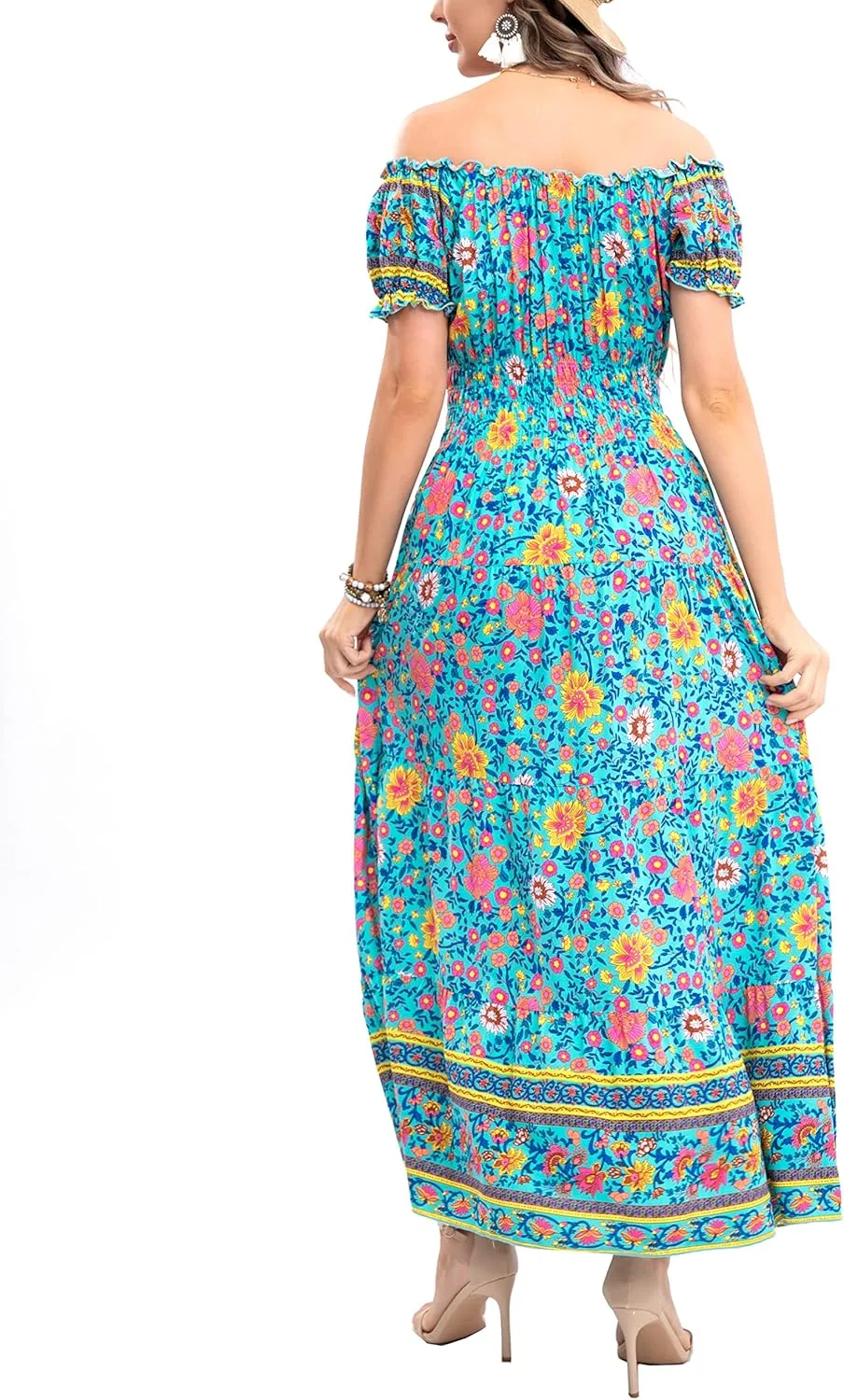 OSTOO Women's 2025 Summer Short Sleeves Boho Floral Print Tiered Casual Flowy Long Maxi Dress