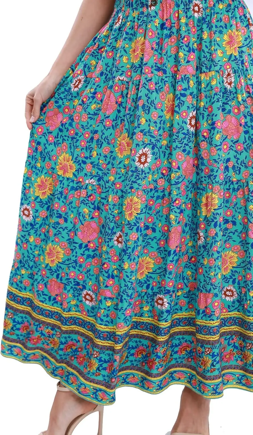 OSTOO Women's 2025 Summer Short Sleeves Boho Floral Print Tiered Casual Flowy Long Maxi Dress