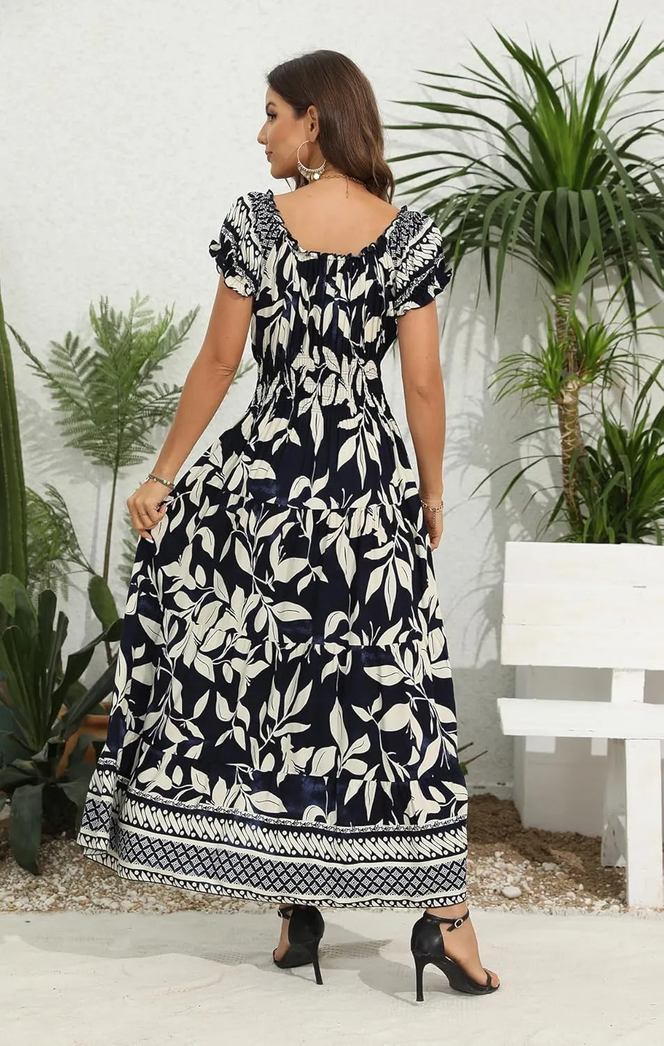 OSTOO Women's 2025 Summer Short Sleeves Boho Floral Print Tiered Casual Flowy Long Maxi Dress