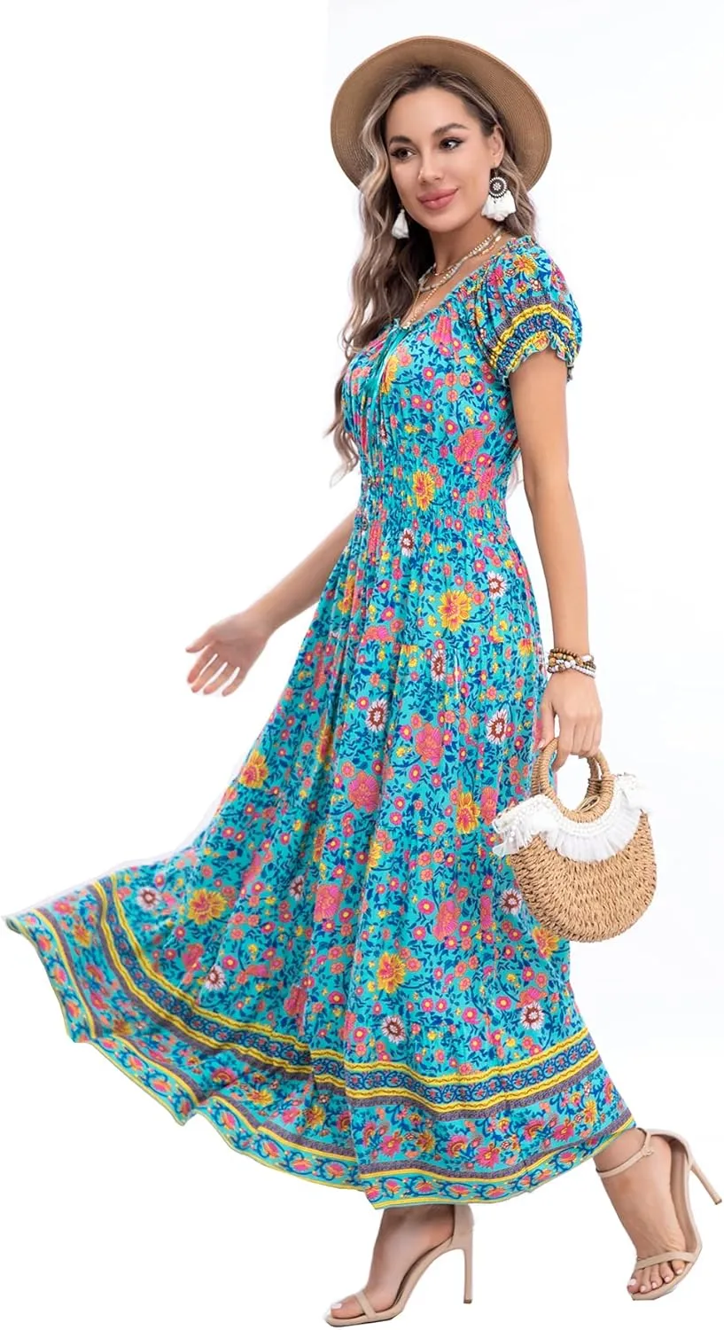 OSTOO Women's 2025 Summer Short Sleeves Boho Floral Print Tiered Casual Flowy Long Maxi Dress