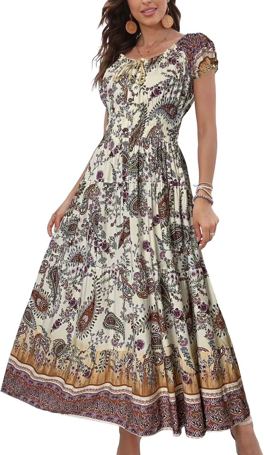 OSTOO Women's 2025 Summer Short Sleeves Boho Floral Print Tiered Casual Flowy Long Maxi Dress