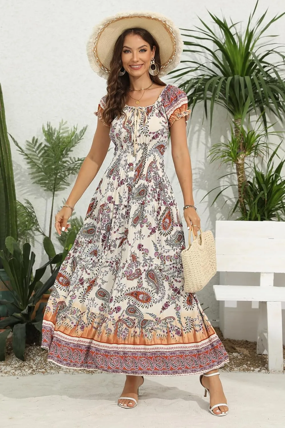 OSTOO Women's 2025 Summer Short Sleeves Boho Floral Print Tiered Casual Flowy Long Maxi Dress