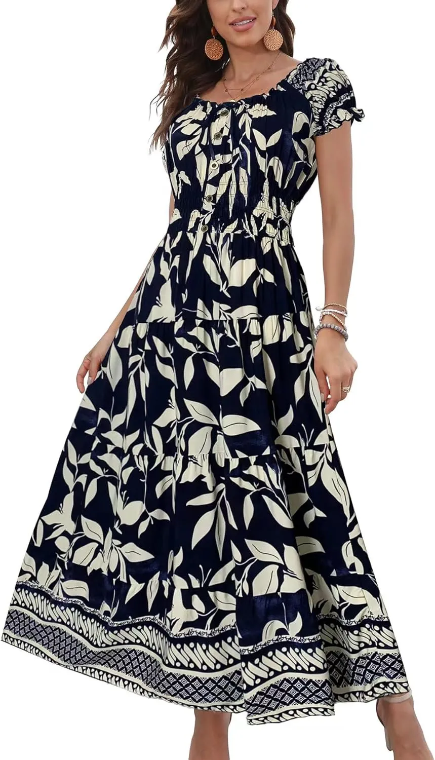 OSTOO Women's 2025 Summer Short Sleeves Boho Floral Print Tiered Casual Flowy Long Maxi Dress