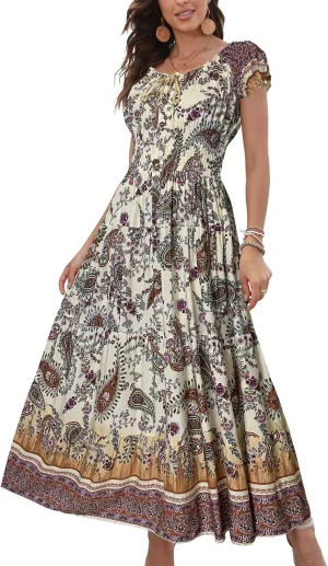 OSTOO Women's 2025 Summer Short Sleeves Boho Floral Print Tiered Casual Flowy Long Maxi Dress