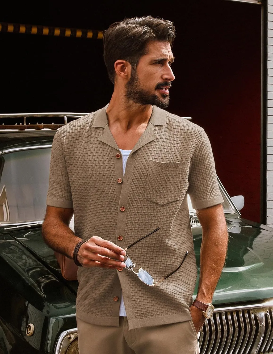PJ PAUL JONES Mens Knit Shirts Casual Vintage Cuban Collar Short Sleeve Button Down Beach Polo Shirt