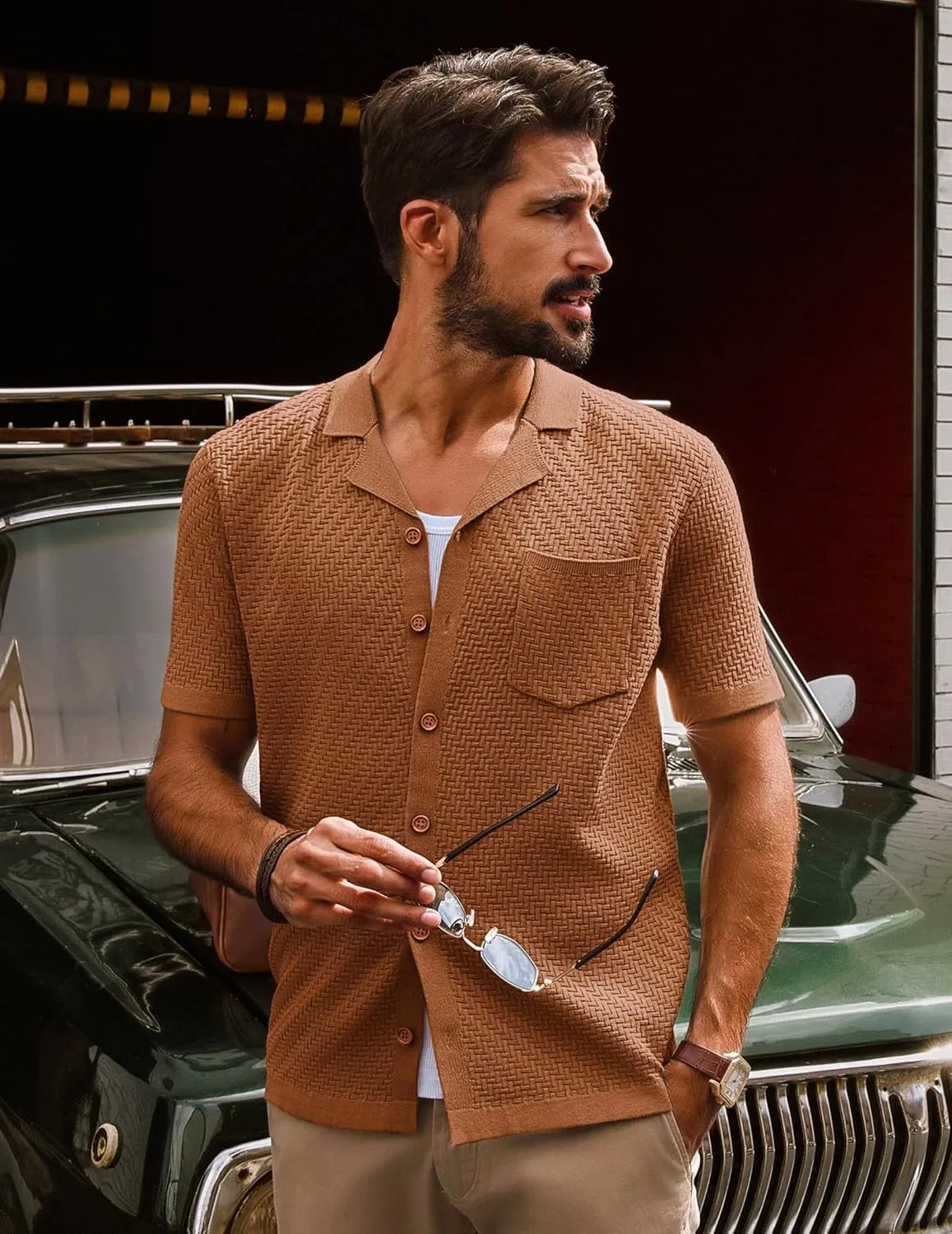 PJ PAUL JONES Mens Knit Shirts Casual Vintage Cuban Collar Short Sleeve Button Down Beach Polo Shirt