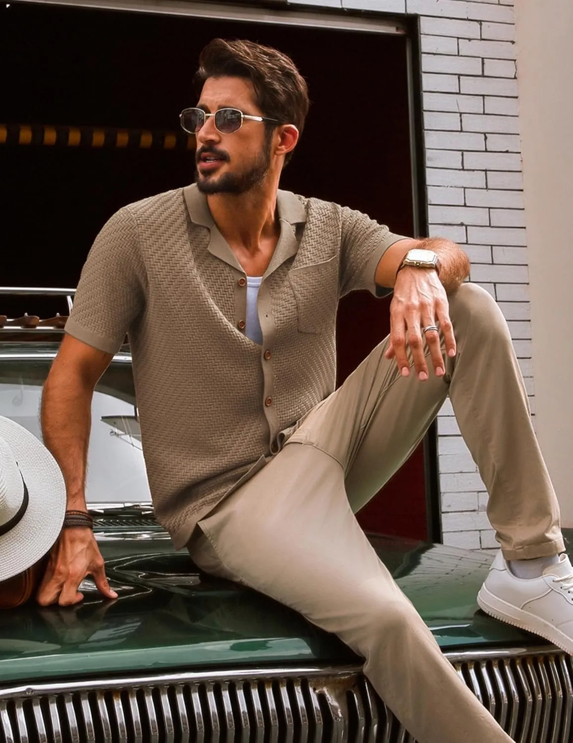 PJ PAUL JONES Mens Knit Shirts Casual Vintage Cuban Collar Short Sleeve Button Down Beach Polo Shirt