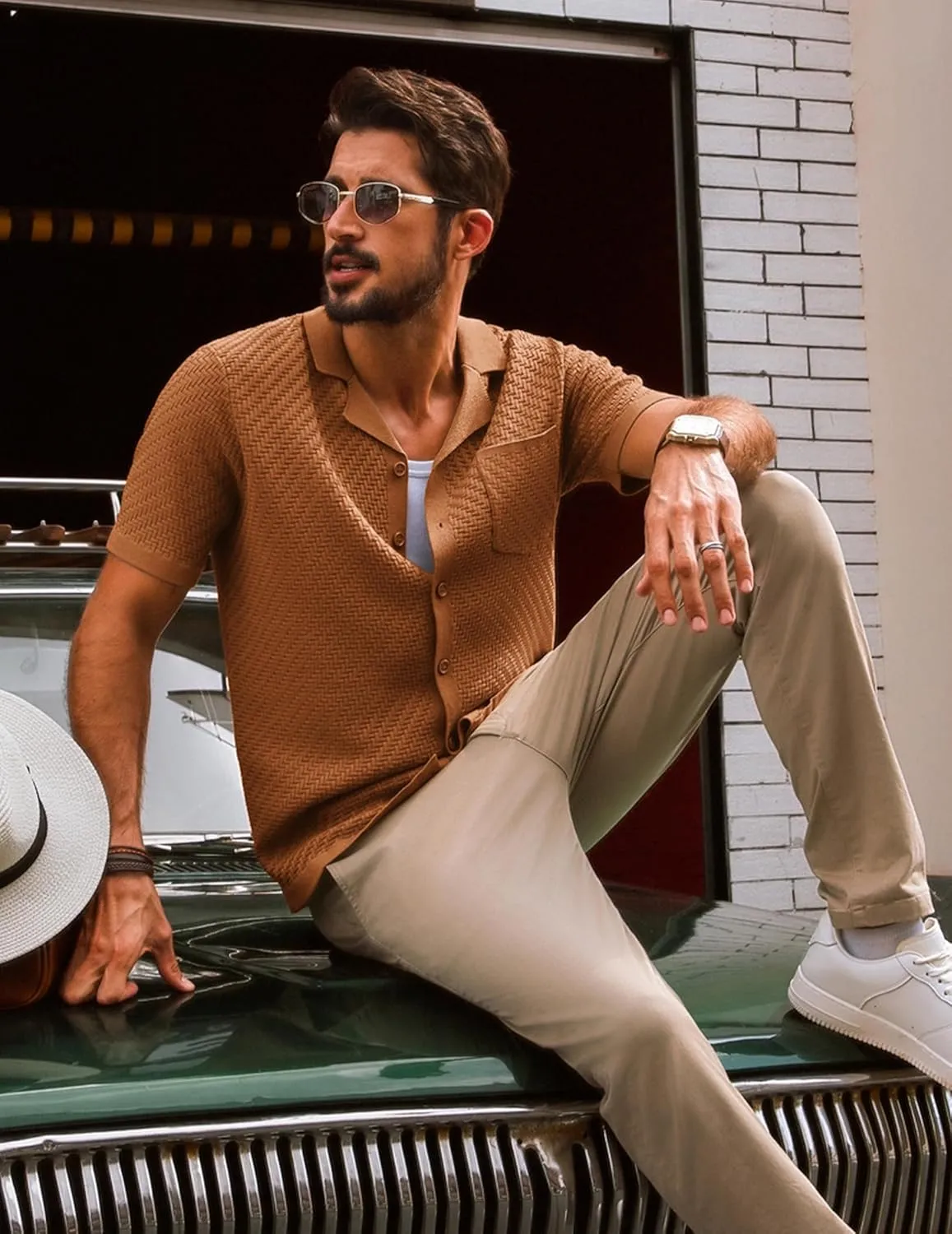 PJ PAUL JONES Mens Knit Shirts Casual Vintage Cuban Collar Short Sleeve Button Down Beach Polo Shirt