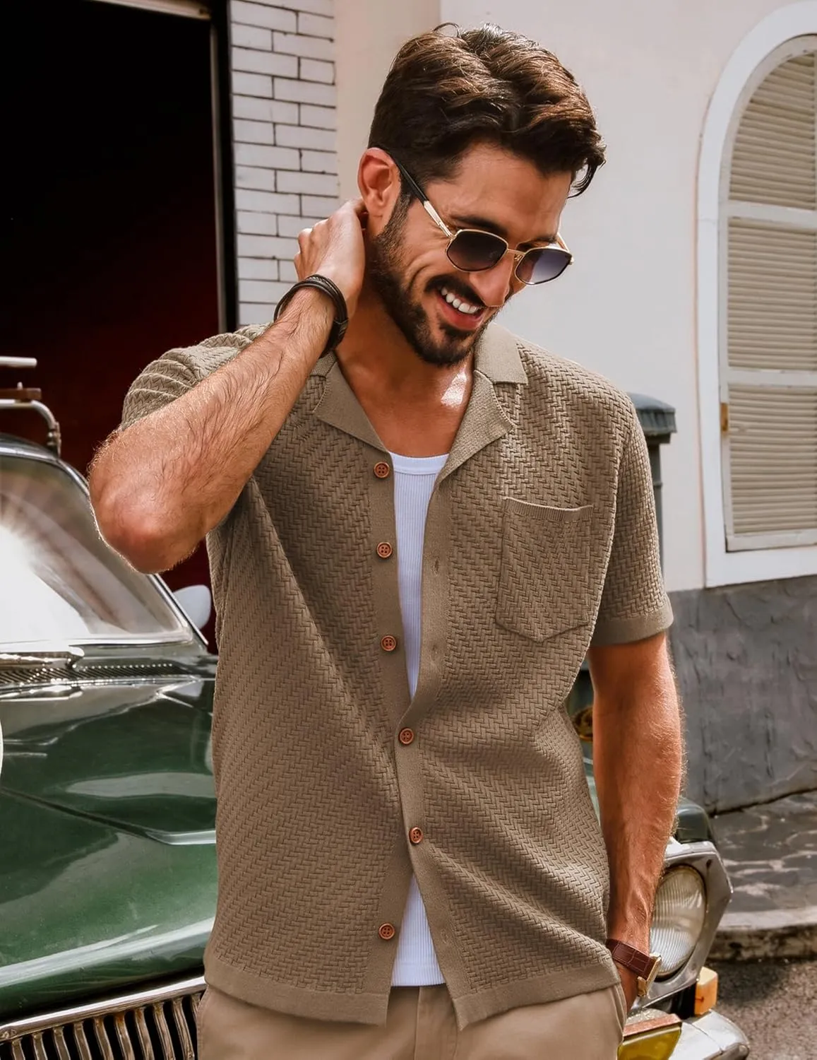 PJ PAUL JONES Mens Knit Shirts Casual Vintage Cuban Collar Short Sleeve Button Down Beach Polo Shirt