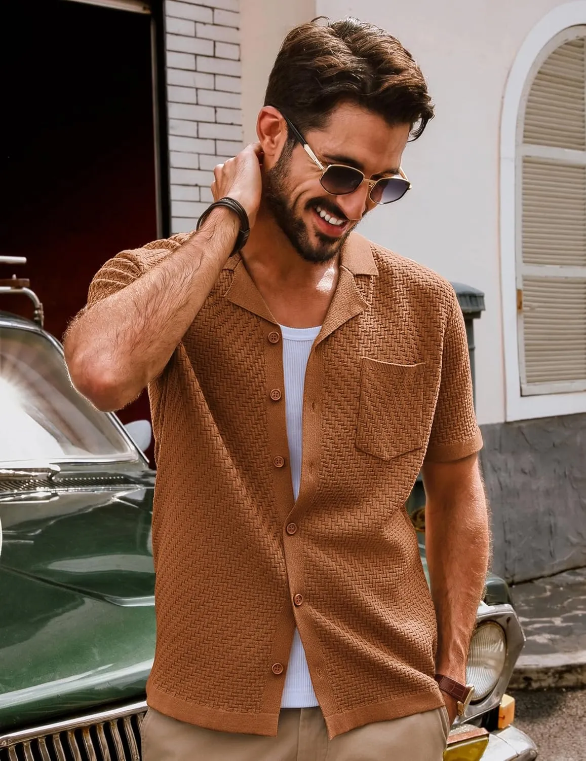 PJ PAUL JONES Mens Knit Shirts Casual Vintage Cuban Collar Short Sleeve Button Down Beach Polo Shirt