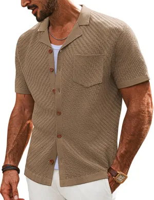 PJ PAUL JONES Mens Knit Shirts Casual Vintage Cuban Collar Short Sleeve Button Down Beach Polo Shirt