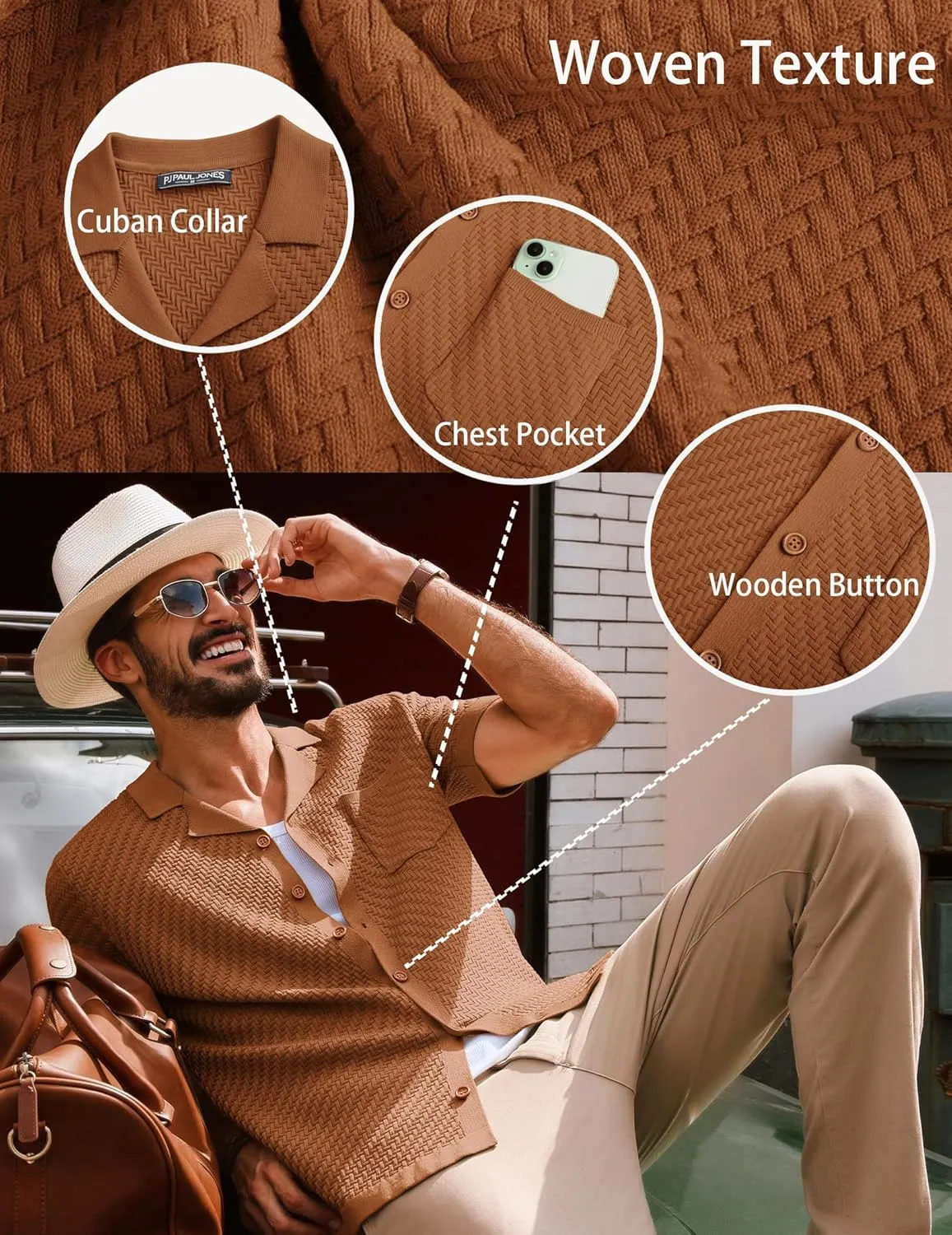 PJ PAUL JONES Mens Knit Shirts Casual Vintage Cuban Collar Short Sleeve Button Down Beach Polo Shirt
