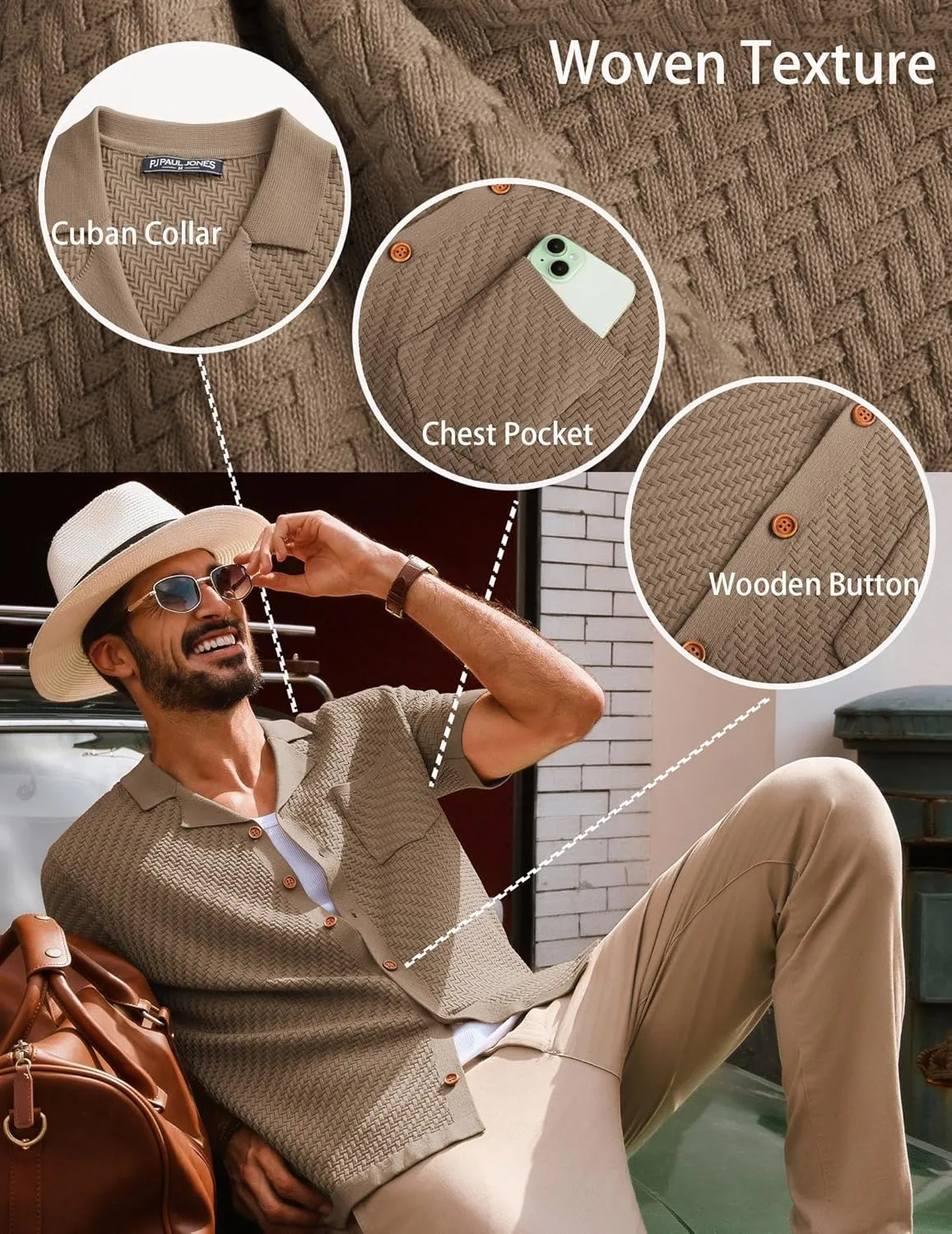 PJ PAUL JONES Mens Knit Shirts Casual Vintage Cuban Collar Short Sleeve Button Down Beach Polo Shirt