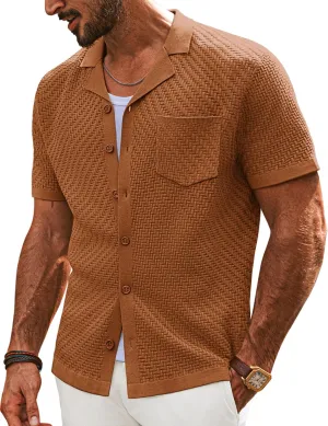 PJ PAUL JONES Mens Knit Shirts Casual Vintage Cuban Collar Short Sleeve Button Down Beach Polo Shirt