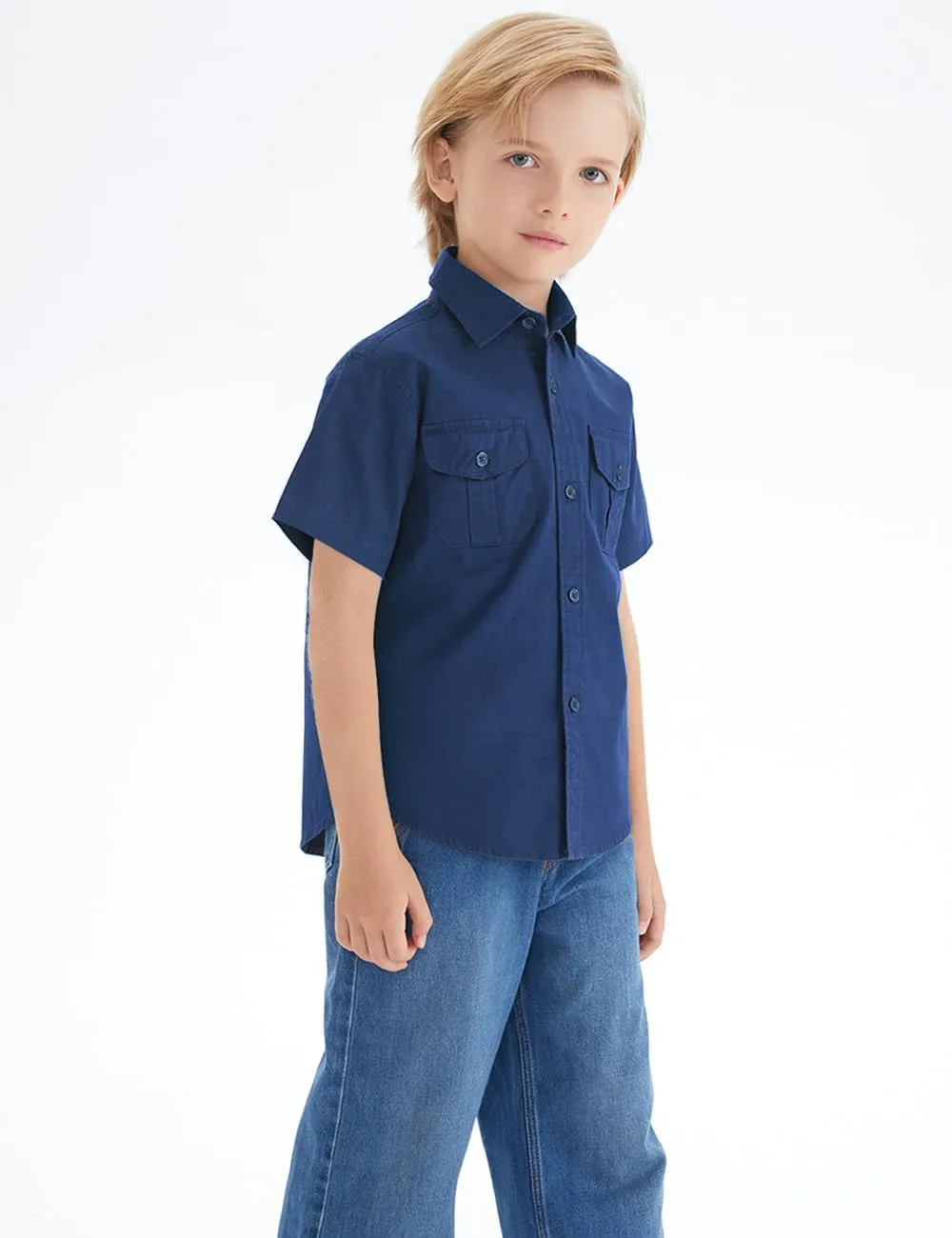 Spring&Gege Boys' Short Sleeve Button Down Shirts for Kids Woven Solid with Two Pockets