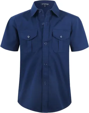 Spring&Gege Boys' Short Sleeve Button Down Shirts for Kids Woven Solid with Two Pockets
