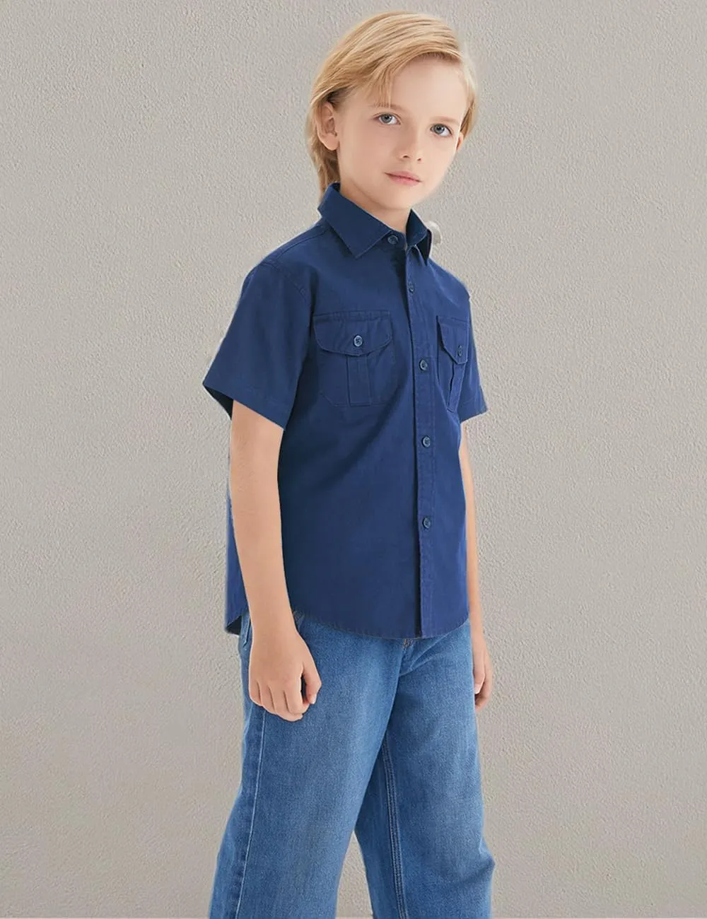 Spring&Gege Boys' Short Sleeve Button Down Shirts for Kids Woven Solid with Two Pockets
