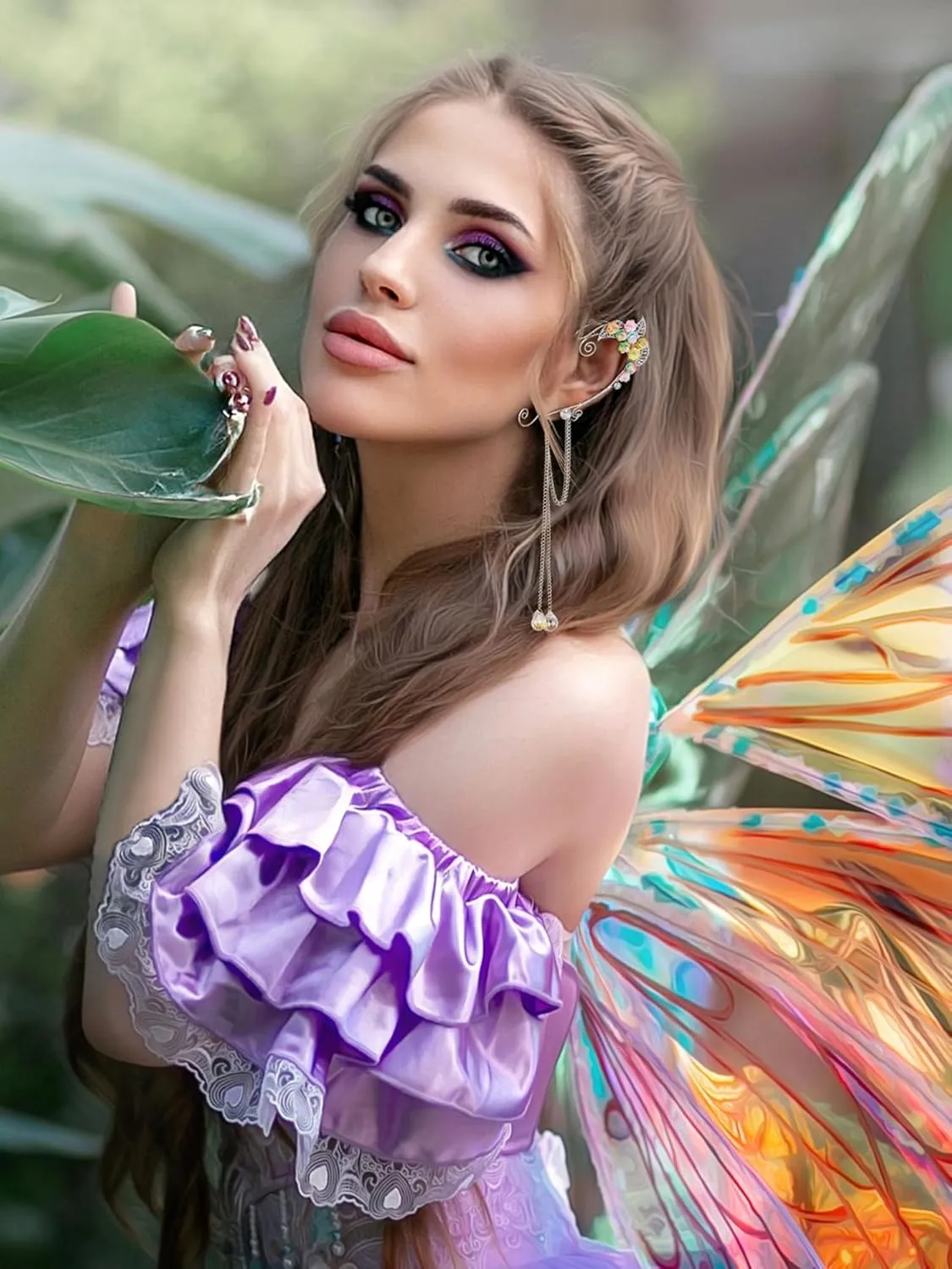 SWEETV Elf Ear Cuffs Wrap Clip-on Earrings Fairy Cuffs Drop Dangling Ear Clips Handmade Elven Cosplay Costume Non-Pierced Elves Ear Cuffs for Fantasy Halloween, Cosplay, Wedding