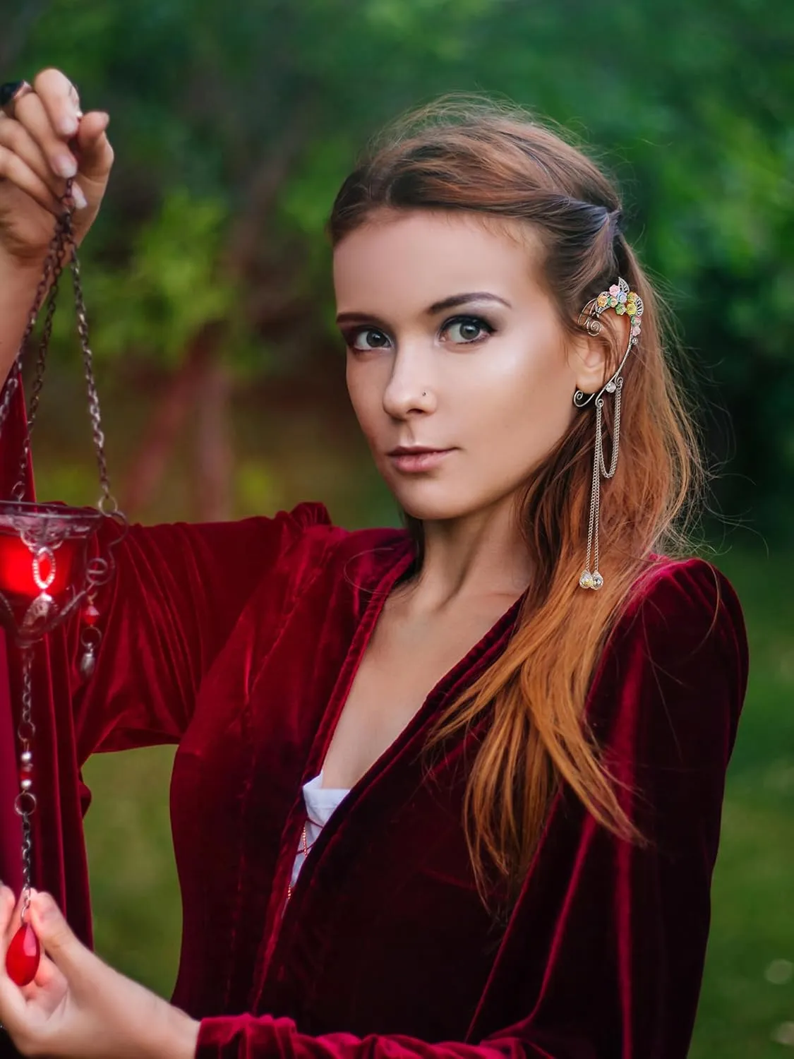 SWEETV Elf Ear Cuffs Wrap Clip-on Earrings Fairy Cuffs Drop Dangling Ear Clips Handmade Elven Cosplay Costume Non-Pierced Elves Ear Cuffs for Fantasy Halloween, Cosplay, Wedding